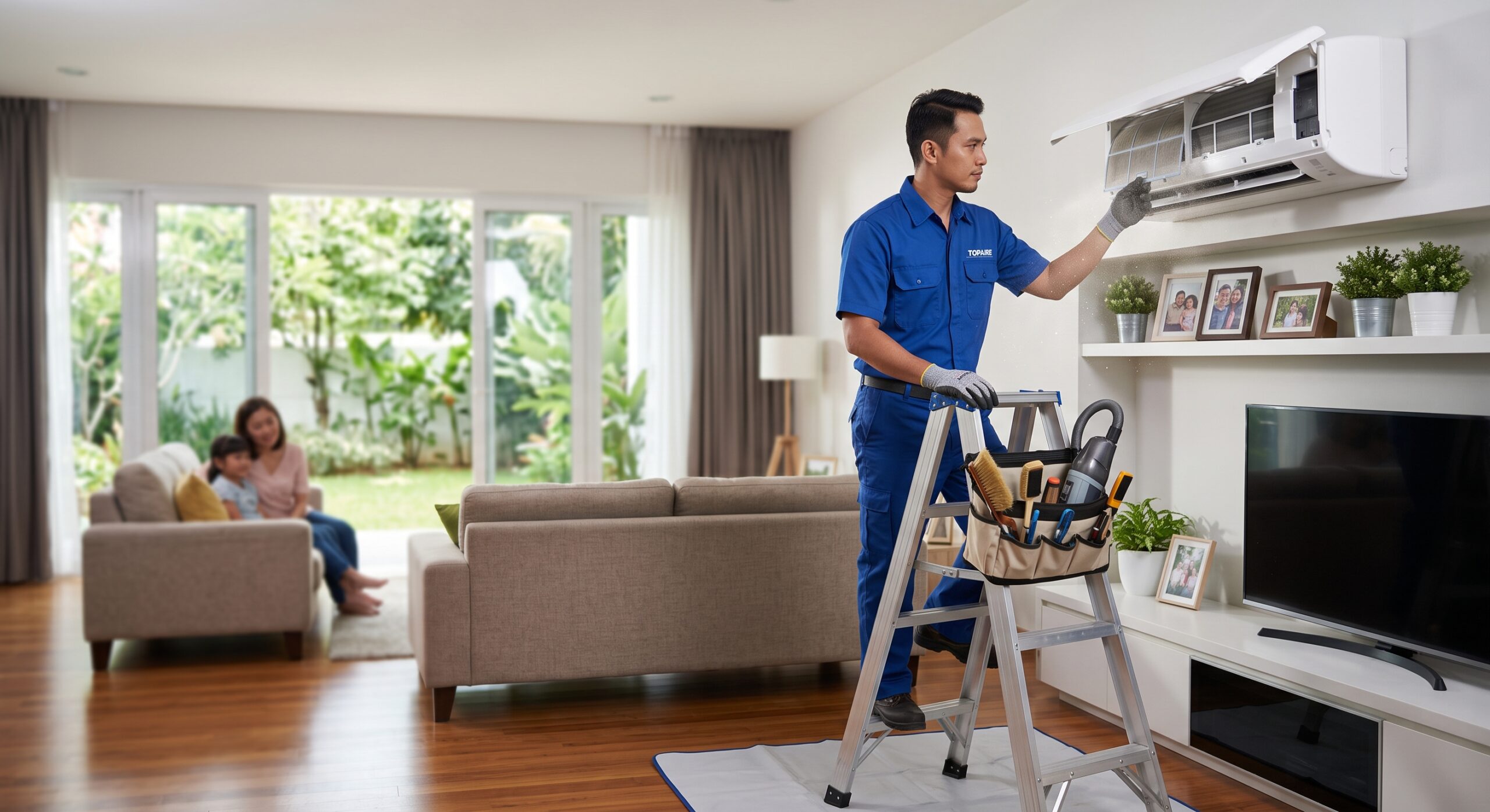 Professional air conditioner servicing technician